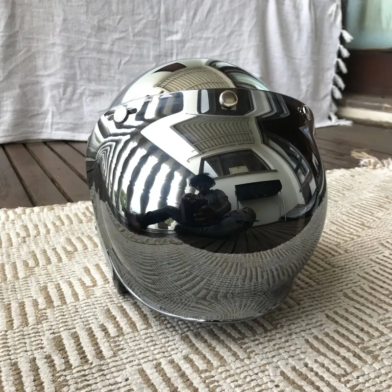 Vintage Open Face Retro Helmet - Lustrzany Srebrny Chromowany Kask Motocyklowy Otwarty